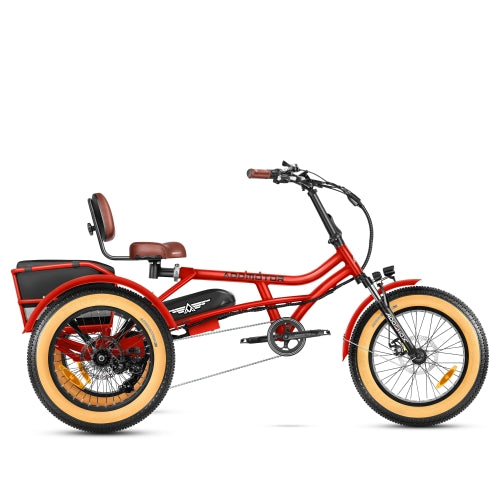 Red and black Addmotor ARISETAN II M-360 2024 Semi-Recumbent Trike adult tricycle with cargo basket parked on a white background.