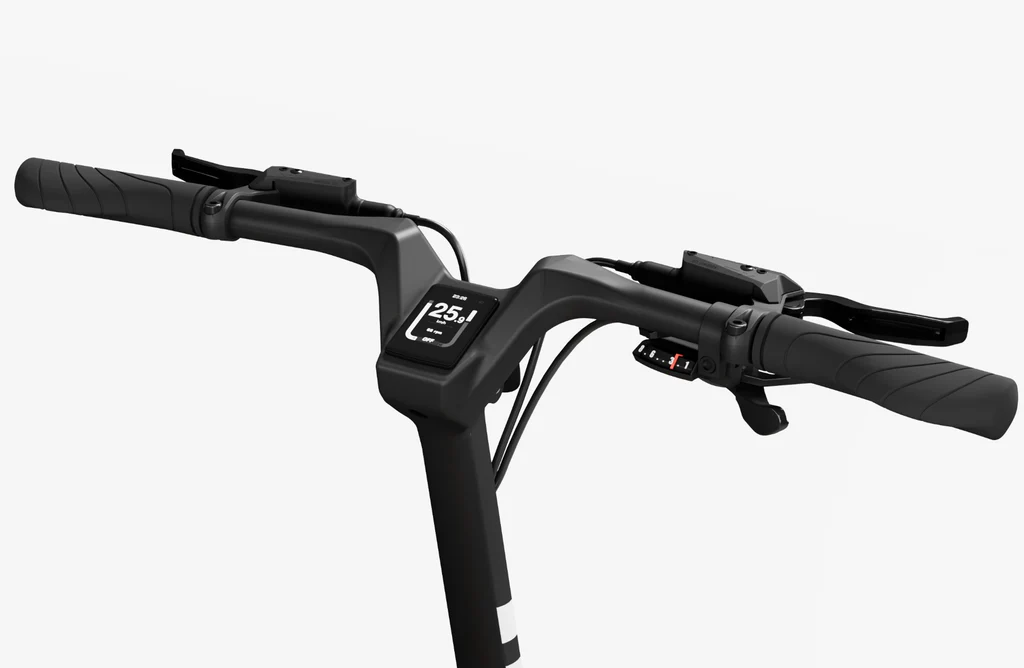 Close-up of Urtopia Carbon Fold 1’s handlebars with digital display, brake levers, and control buttons. The sleek Urtopia design suggests a high-torque motor, shown on a plain white background.