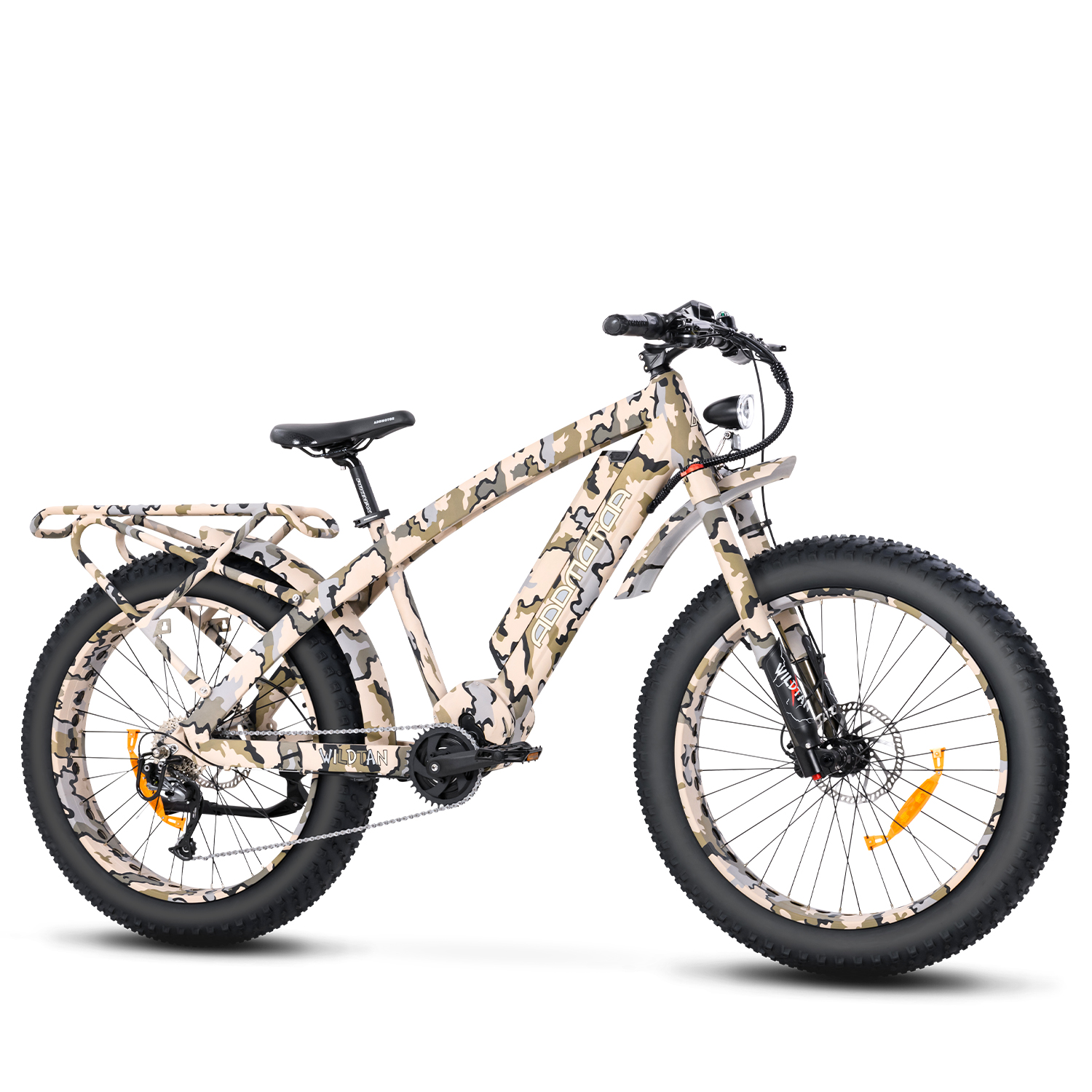 Addmotor - Wildtan M5600 electric mountain bike with camouflage pattern on a white background, featuring a Samsung battery.
