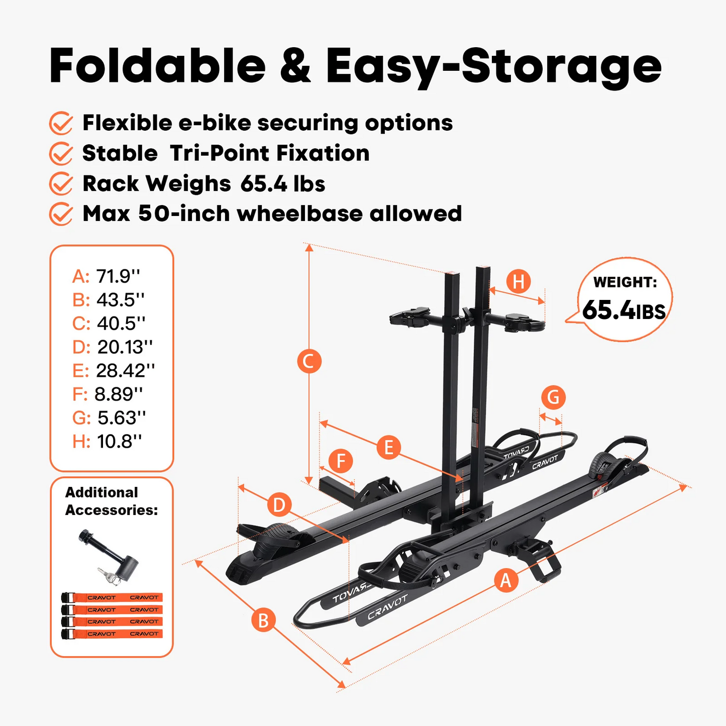 The Cravot CyberRack E2 Plus hitch bike rack supports up to 200 lbs and e-bikes, fits 2-inch receiver hitches and bikes with up to a 50" wheelbase. Features tri-point fixation, foldable design, weighs 65.4 lbs. Accessories and dimensions included.