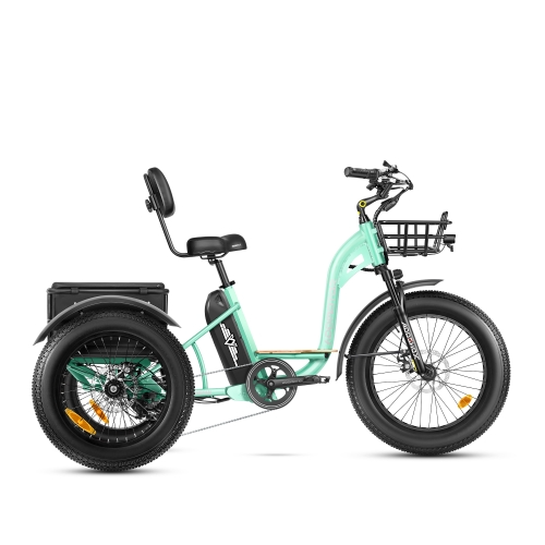 The Addmotor GRANDTAN II M-340 eTrike, in a light turquoise shade, features a 750W rear motor and a Samsung cell battery. It boasts three wheels, a rear cargo box, a black basket in the front, and a comfortable seat with back support.
