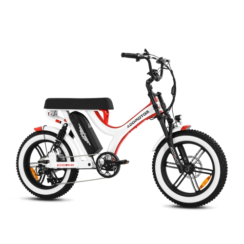 Addmotor - Herotan M65X electric fat tire cruiser ebike with a full suspension and a white and black frame with red accents, isolated on a white background.