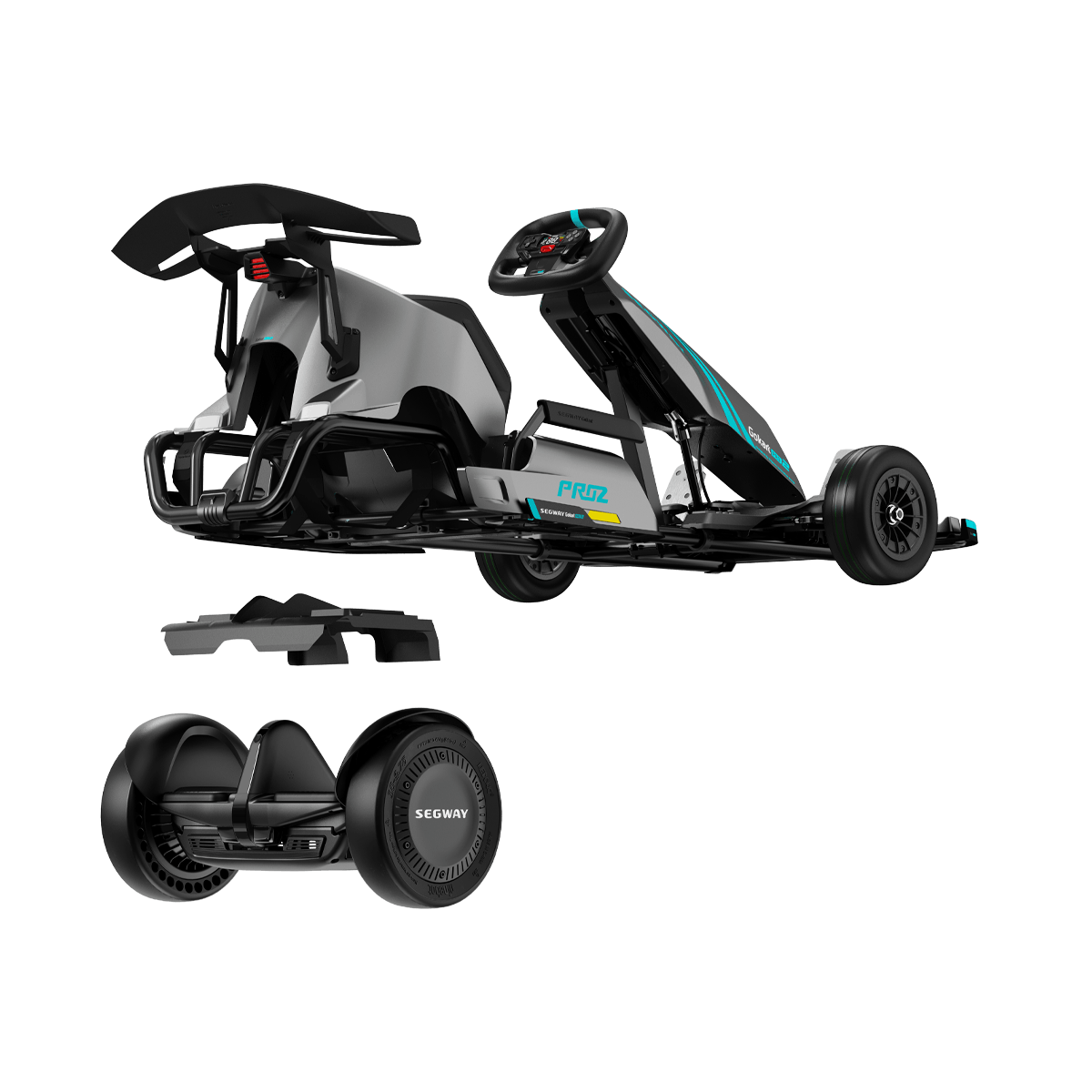 The Segway GoKart Pro 2 by Segway is displayed in black and white, featuring a detachable hoverboard base, frame with racing seat, steering wheel, front wheels—designed for an immersive electric racing experience.