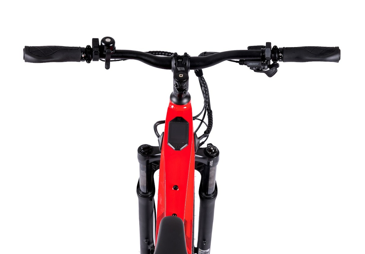 Top view of the Magnum - Edge by Tampa Bay eBikes, showing red fat-tire handlebars, front suspension fork, and part of the frame against a white background.