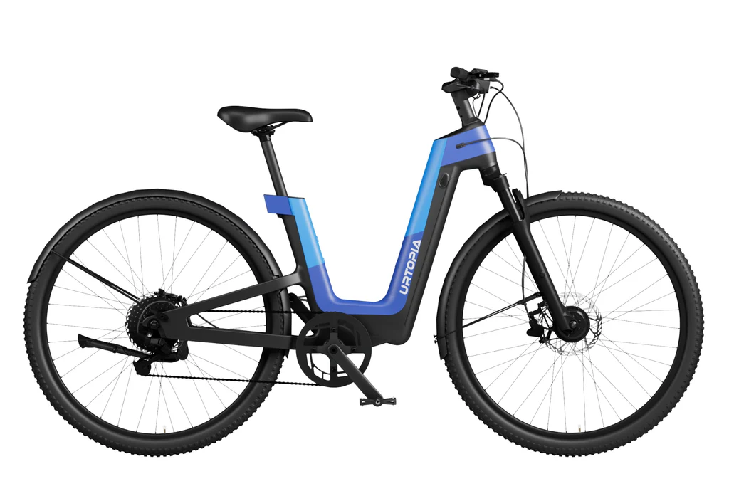 The Urtopia Carbon Fusion GT by Urtopia is a modern all-terrain eBike featuring a step-through carbon fiber frame, black tires, and a blue and black color scheme, displayed on a white background.