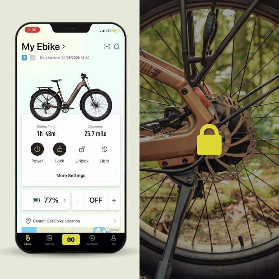 The Aventon app interface displays the Aventon - Aventure 3 status and controls. Next to it, a close-up of the fat tire ebike wheel shows a yellow padlock icon, signaling the Aventon - Aventure 3 is locked.