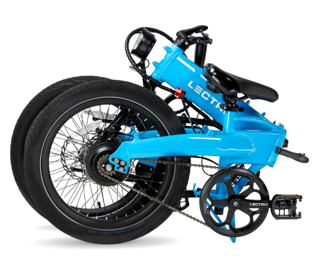 A compact blue Lectric XP Lite 2.0 eBike, neatly folded with visible pedals, chain, wheels, and hydraulic brakes, designed for easy storage or transport.