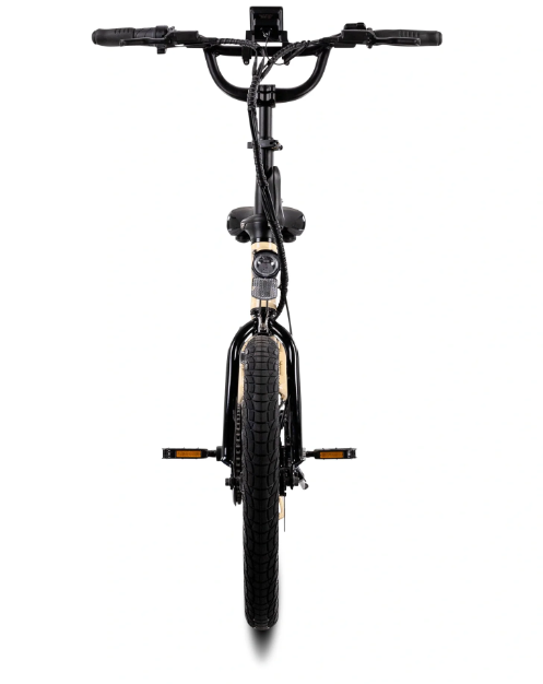 Front view of a black Lectric XP Lite 2.0 foldable eBike, highlighting its handlebars, tire, and pedals on a white background.
