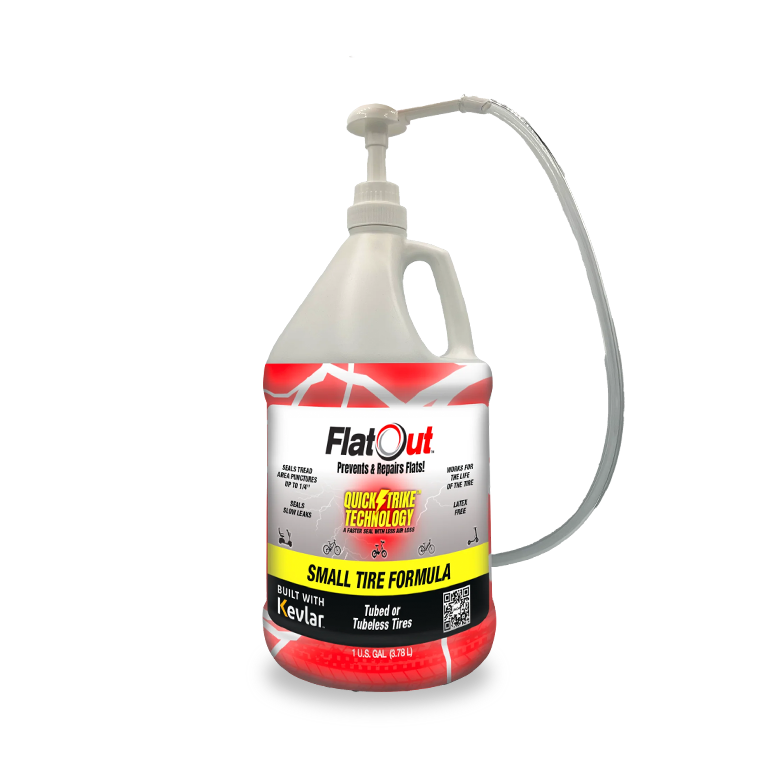 FlatOut - QuickStrike Small Tire by Multi Seal is a gallon jug of tire sealant with a pump and hose, featuring "Quick-Seal Technology" and Kevlar fibers, ideal for tubed or tubeless tires.