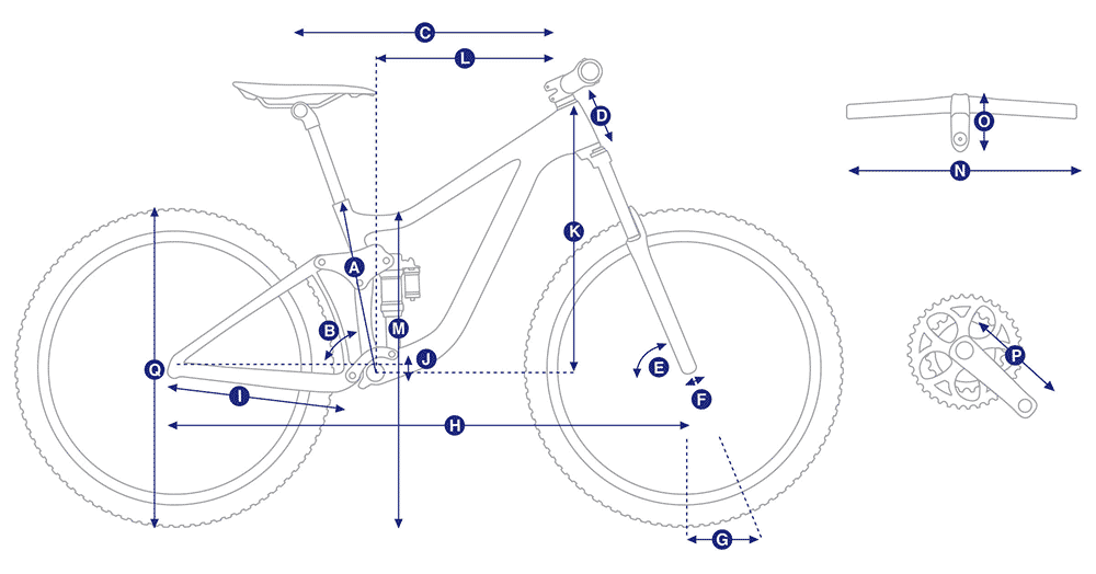 A diagram showing the dimensions of a Giant- Talon E+ 3 mountain bike.