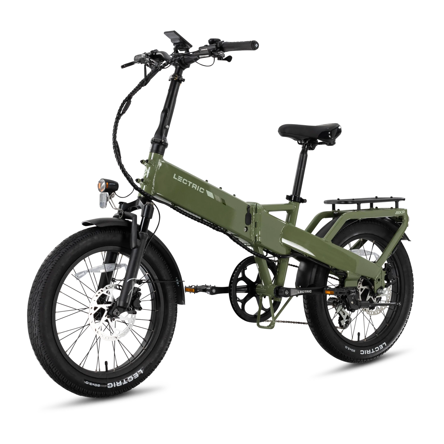 A green Lectric XP4 folding eBike with fat tires, front and rear fenders, a cargo rack, and disc brakes is shown on a white background by Tampa Bay eBikes.