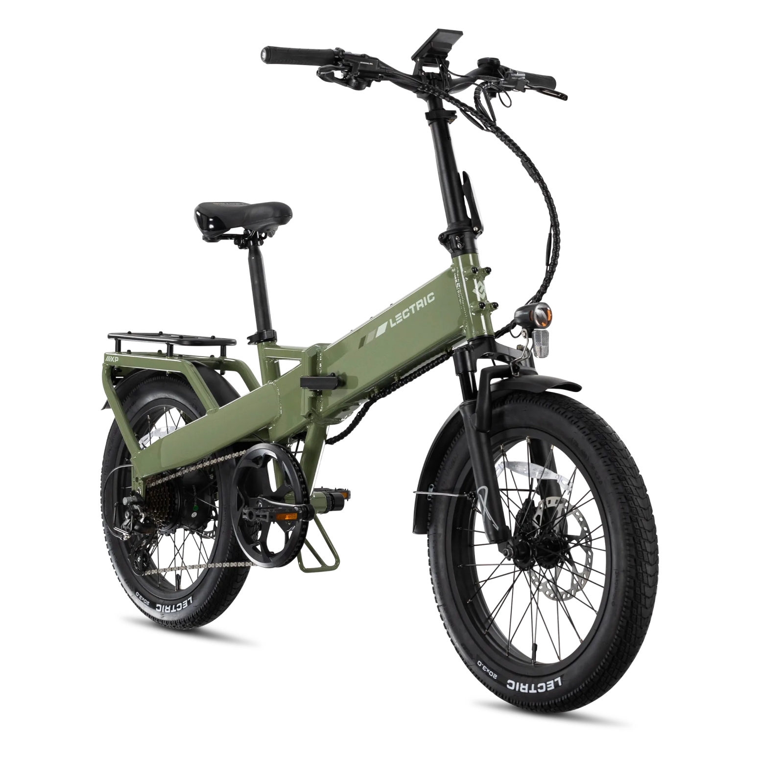A green Lectric XP4 folding eBike with fenders, fat tires, rear rack, and integrated headlight is shown on a white background—available now at Tampa Bay eBikes.