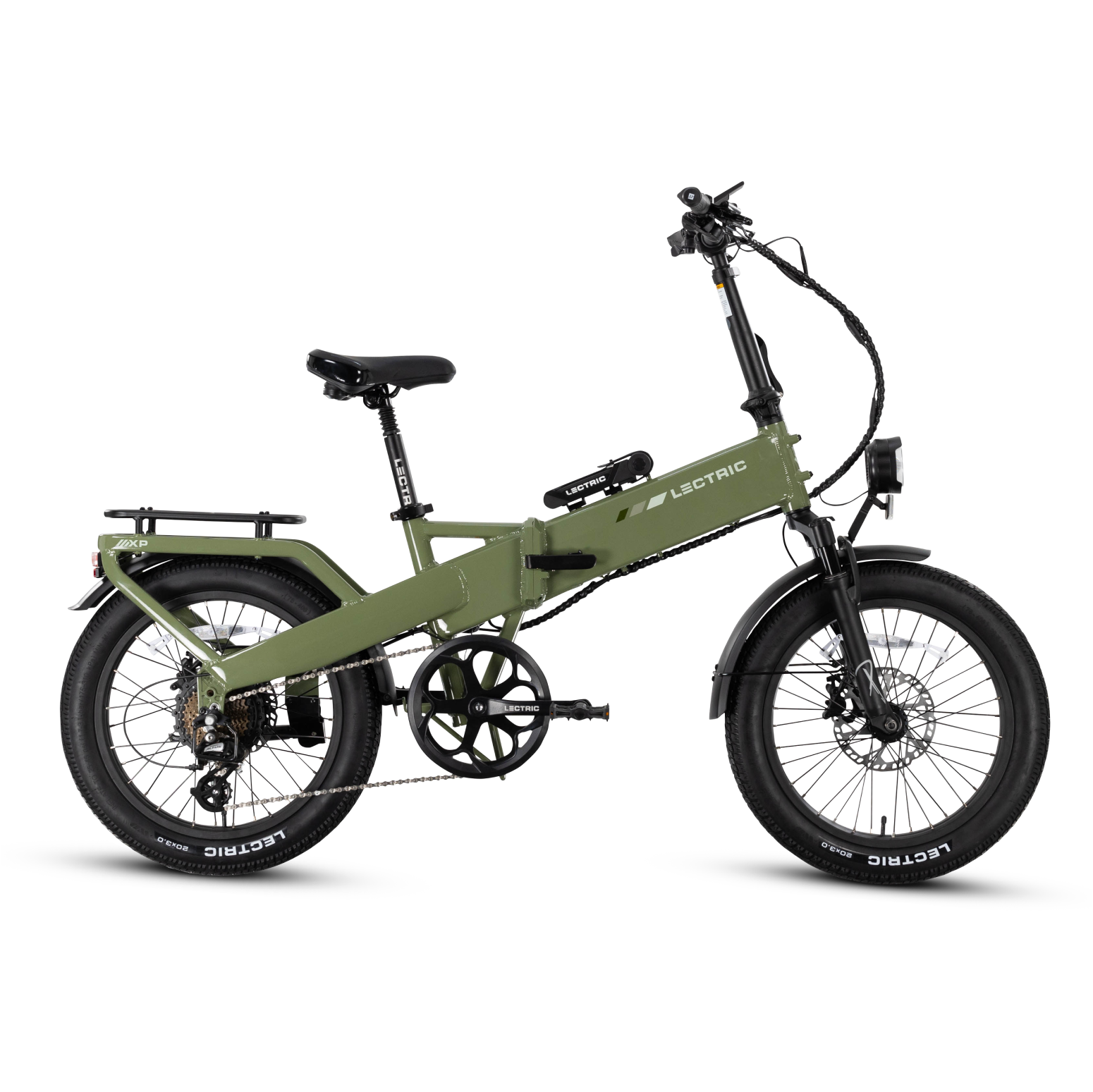 A green Lectric XP4 folding eBike by Lectric, featuring thick tires, a rear rack, and front suspension, is shown in profile against a white background.