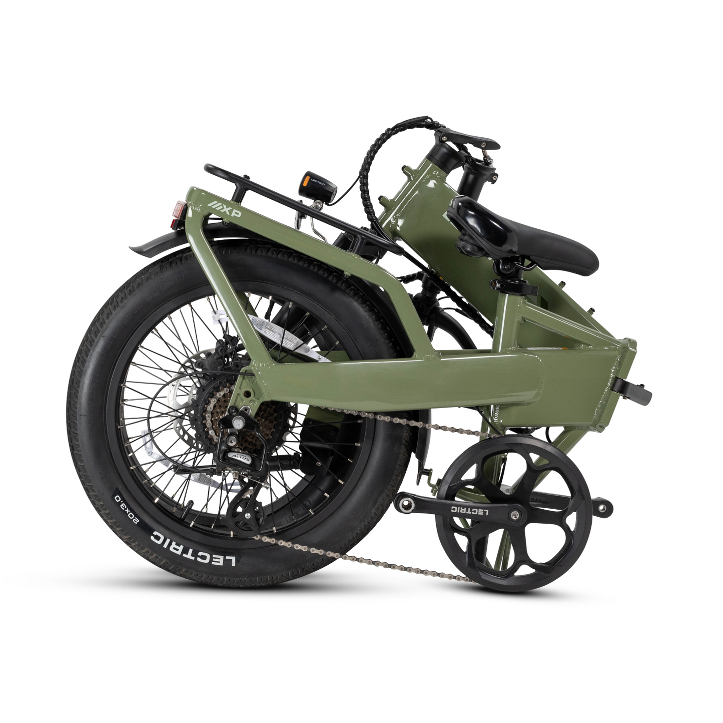 The Lectric - XP4, a green folding eBike from Lectric, folds compactly to display its frame, wheels, chain, and pedals.