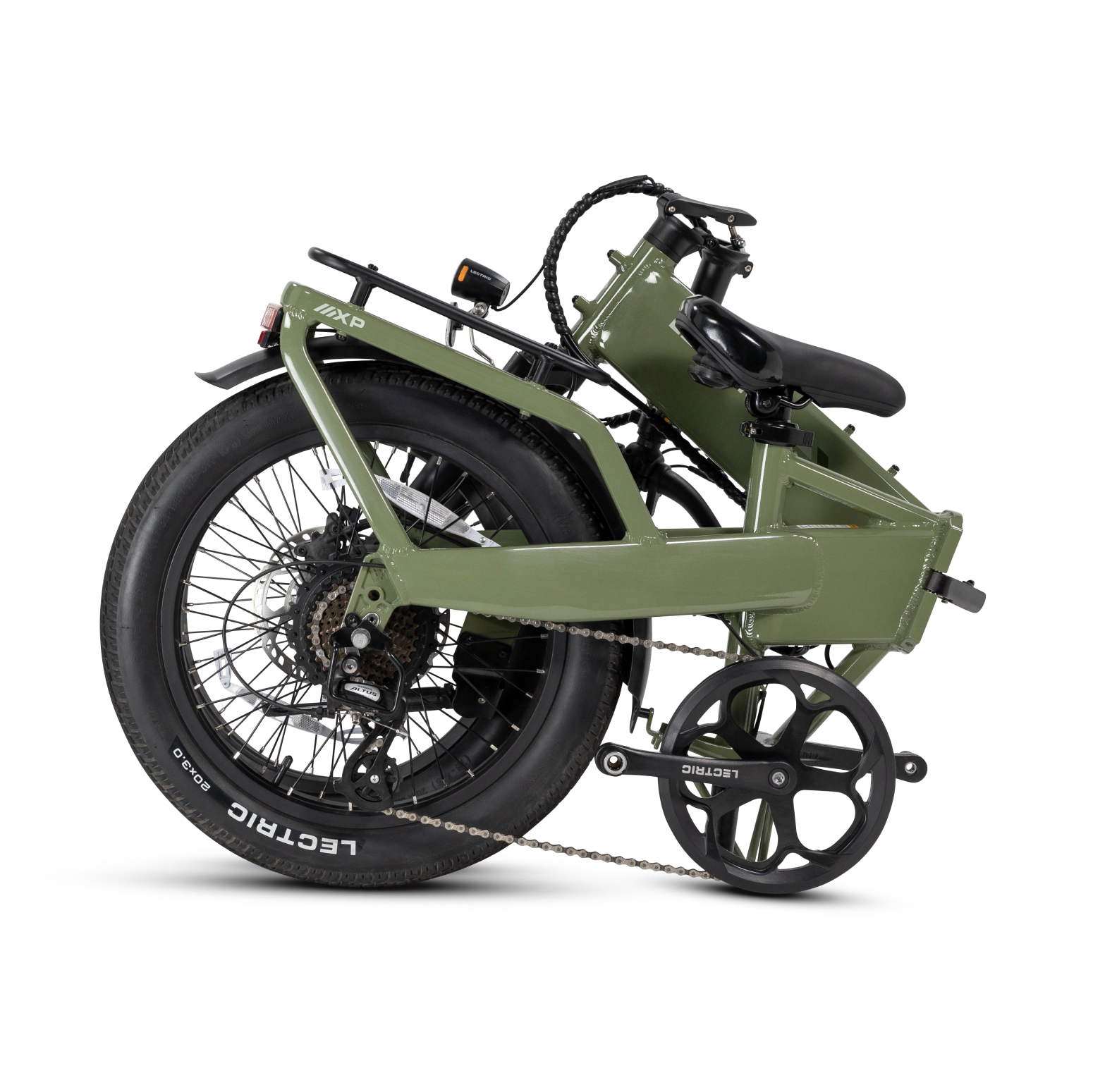 The Lectric - XP4, a green folding eBike from Lectric, folds compactly to display its frame, wheels, chain, and pedals.