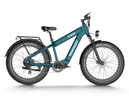 Himiway - Rhino D5 Plus off-road electric mountain bike with thick tires and a rear cargo rack, isolated on a white background.