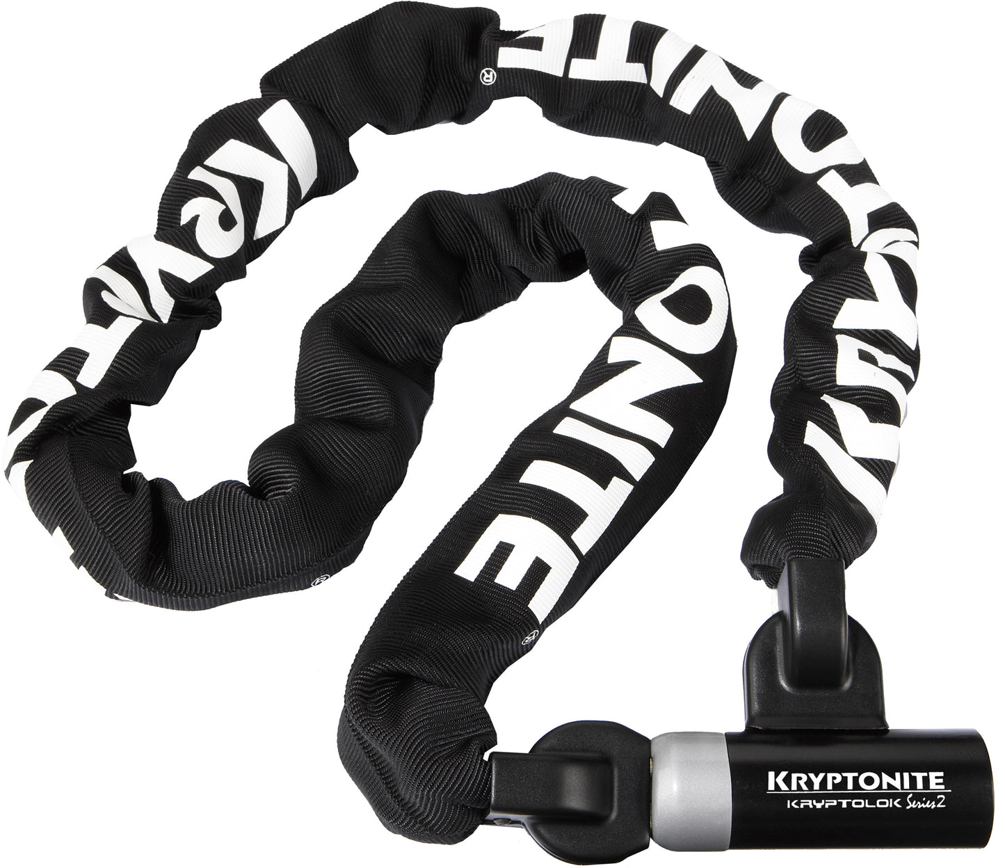 A black Kryptonite bike chain for theft protection with a white logo on it.