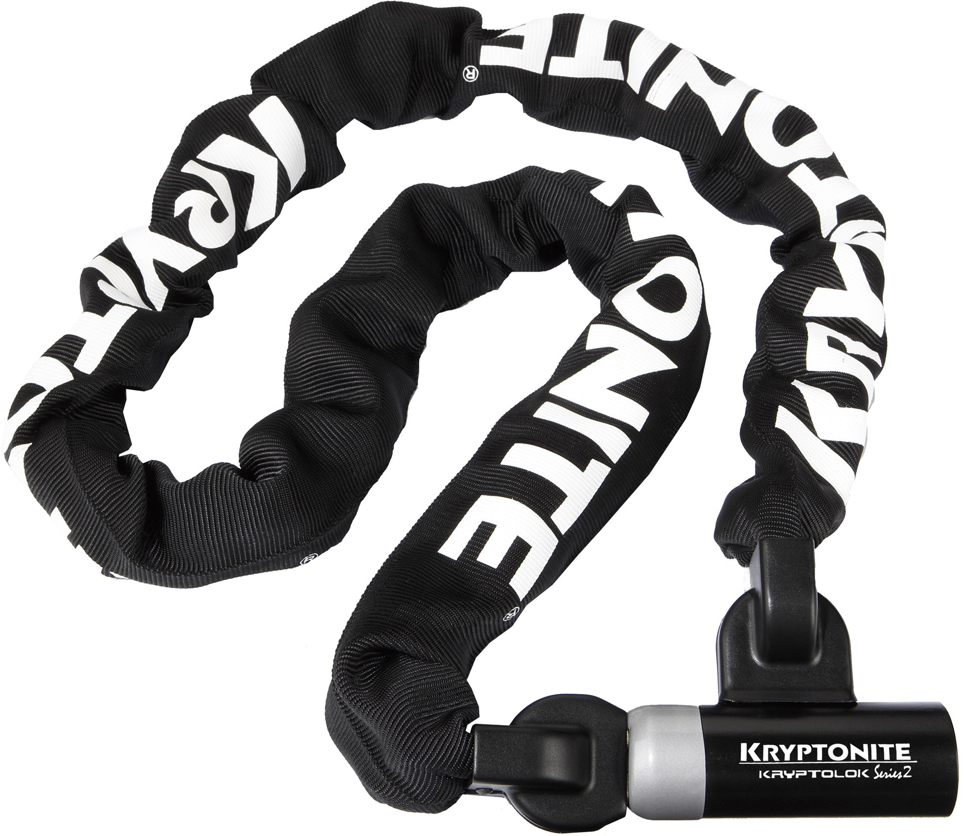 A black Kryptonite bike chain for theft protection with a white logo on it.