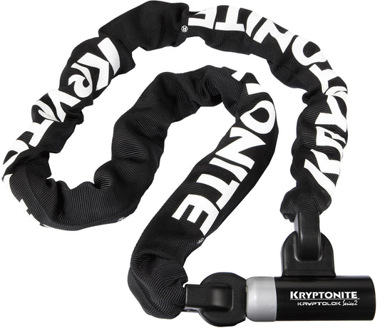 A black Kryptonite bike chain for theft protection with a white logo on it.