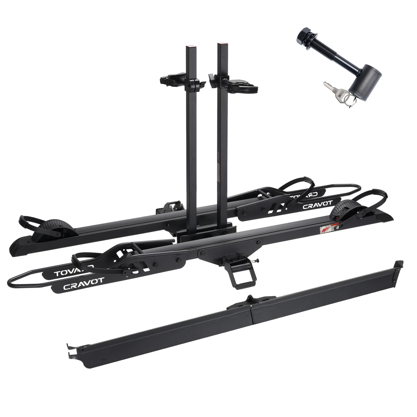 The Cravot CyberRack E2 Plus is a black hitch-mounted bike rack with adjustable arms and straps, a horizontal bar, hitch lock with keys, 200 lbs capacity, and fits 2-inch receivers.
