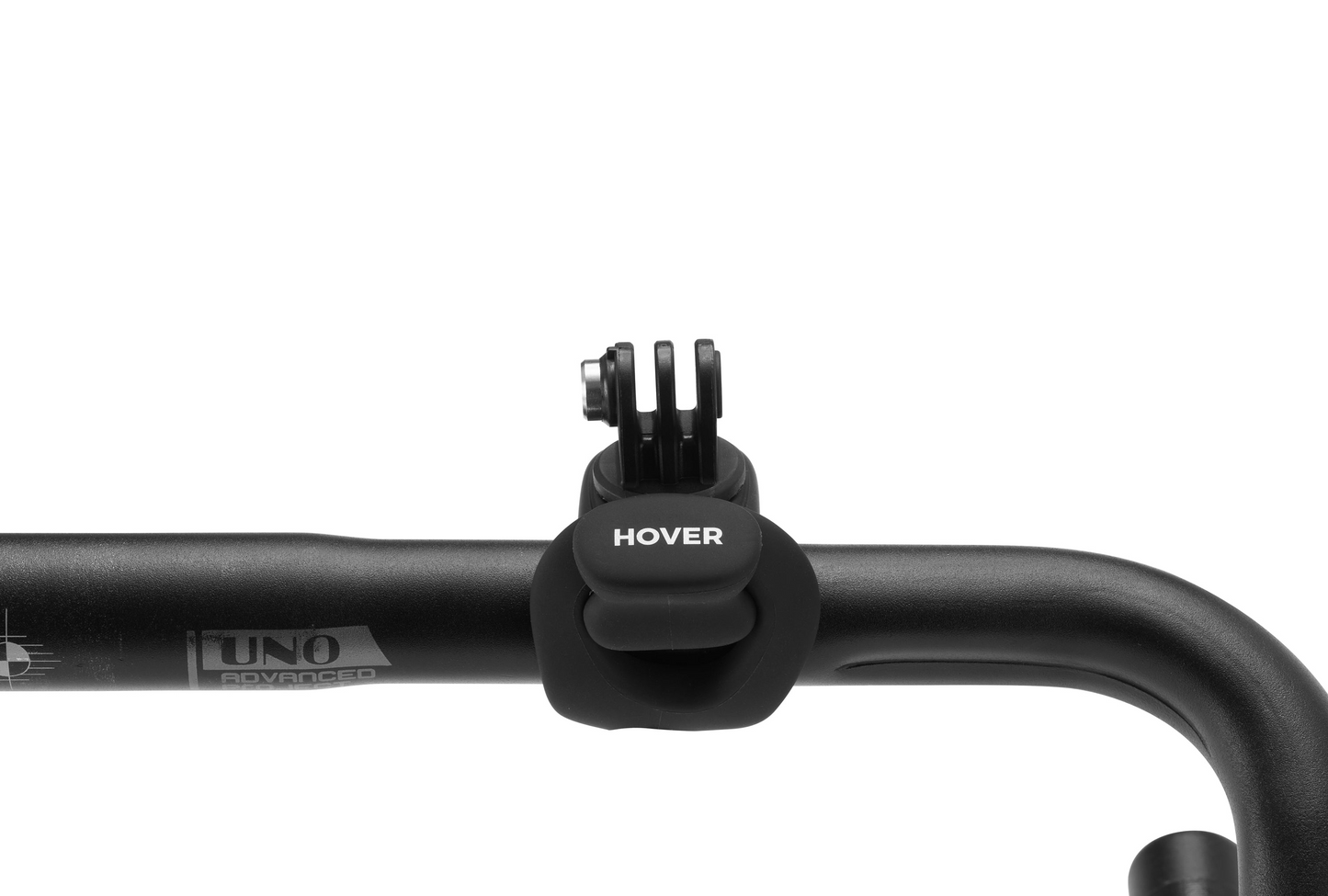 A HOVERAir HandleBar Mount with the "HoverAir X1" label is attached to a black bar featuring the "Uno Advanced" logo.
