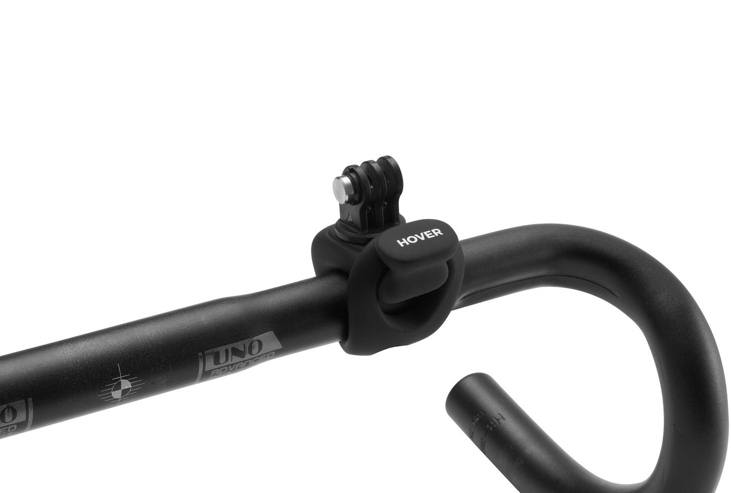 A close-up of a black bicycle handlebar with a HOVERAir HandleBar Mount attached, ideal for seamless aerial shots with the innovative HoverAir X1.