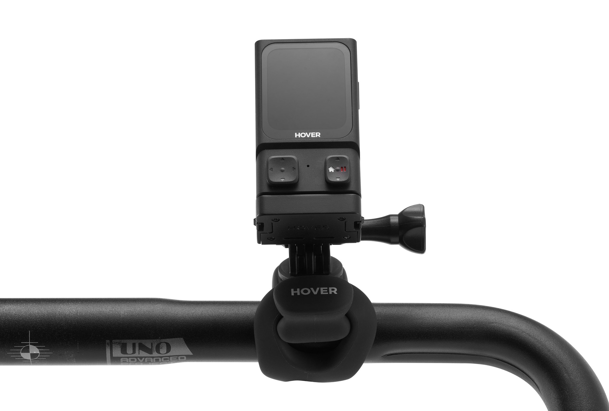 A HOVERAir HandleBar Mount holds a device similar to the HoverAir X1 on a black handlebar with a flexible arm. The logo and adjustment knobs are visible, alongside its seamless integration with a smart battery charger for fast charging.