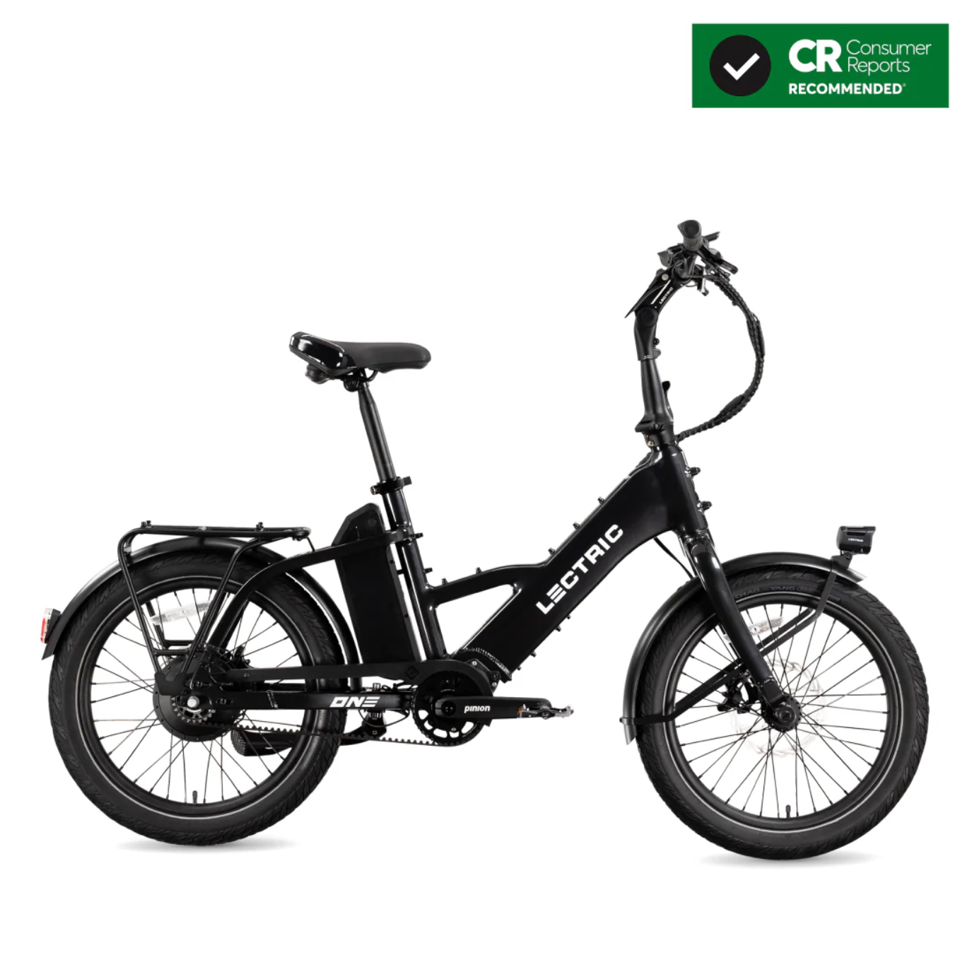A black Lectric - ONE folding electric bike is shown in profile on a white background, featuring a "Consumer Reports Recommended" badge in the top right corner.