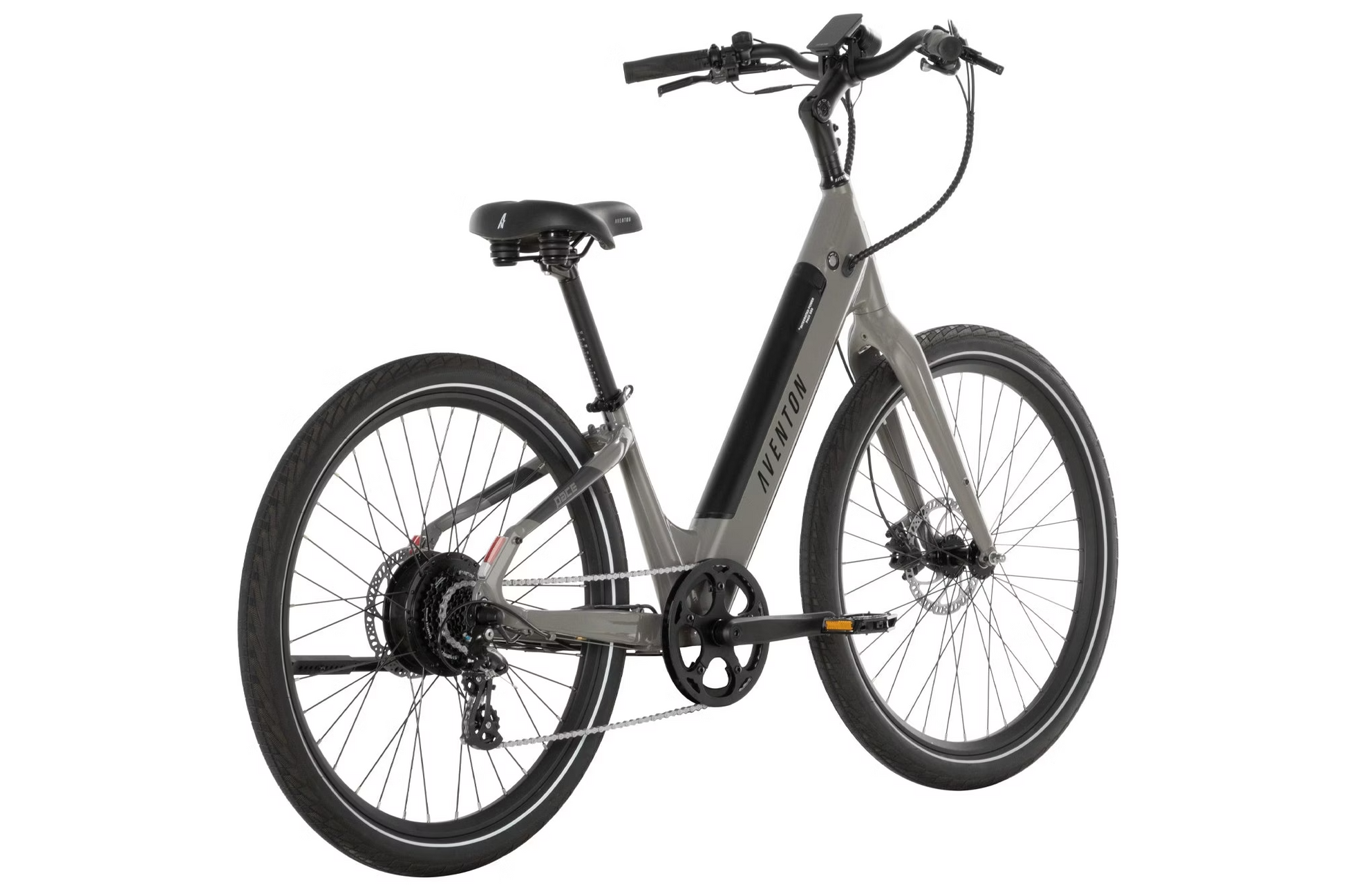 Gray and black Aventon - Pace 500.3 Step Through - Basalt electric bike with visible branding, featuring a powerful 500W motor, step-through frame, and disc brakes, isolated on a white background.