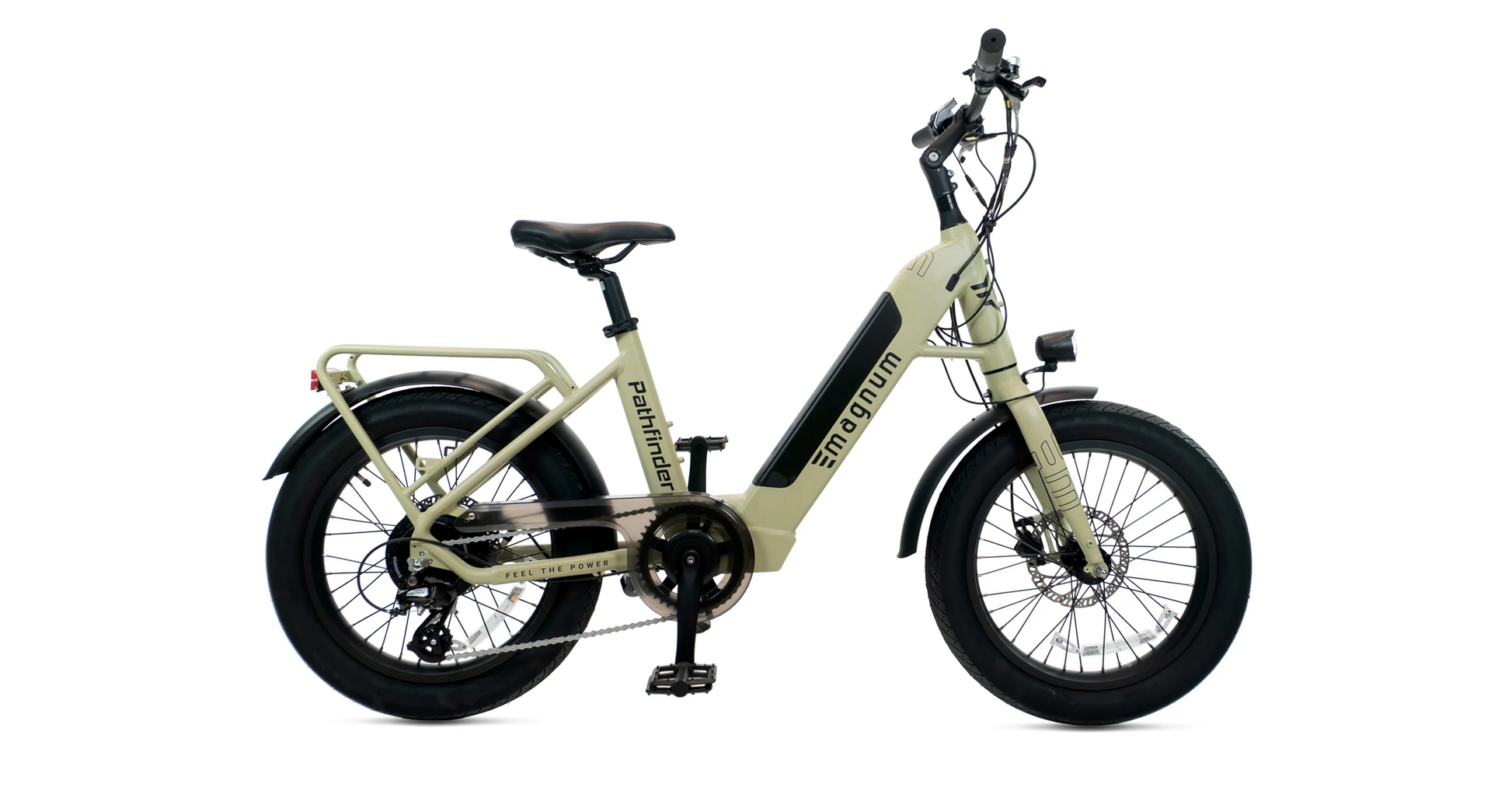 Side view of the Magnum - Pathfinder 350 fat tire e-bike in beige by Magnum, featuring a step-through frame, black saddle, front suspension fork, and rear rack, shown on a white background.