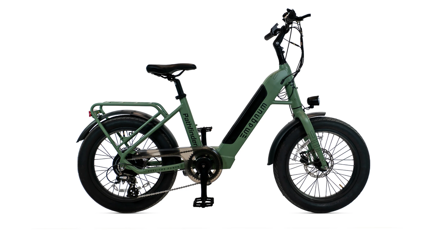Side view of the Magnum - Pathfinder 350 by Magnum, a green fat tire e-bike with thick tires, step-through frame, front suspension fork, rear rack, and disc brakes, shown on a white background.