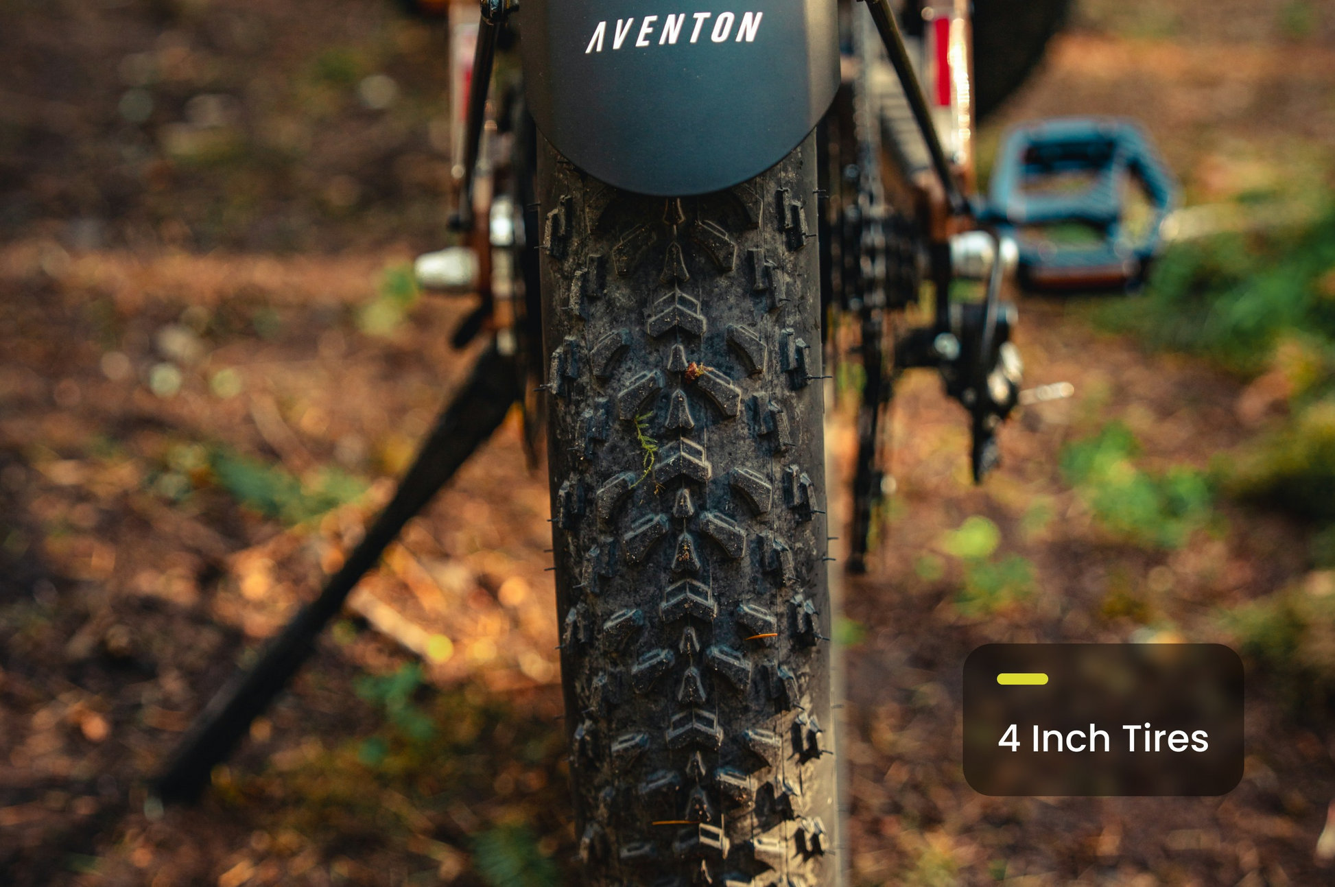 Close-up of the Aventon - Aventure 3’s thick, 4-inch rear tire on a forest trail. Experience this powerful fat tire eBike by Aventon at Tampa Bay eBikes.