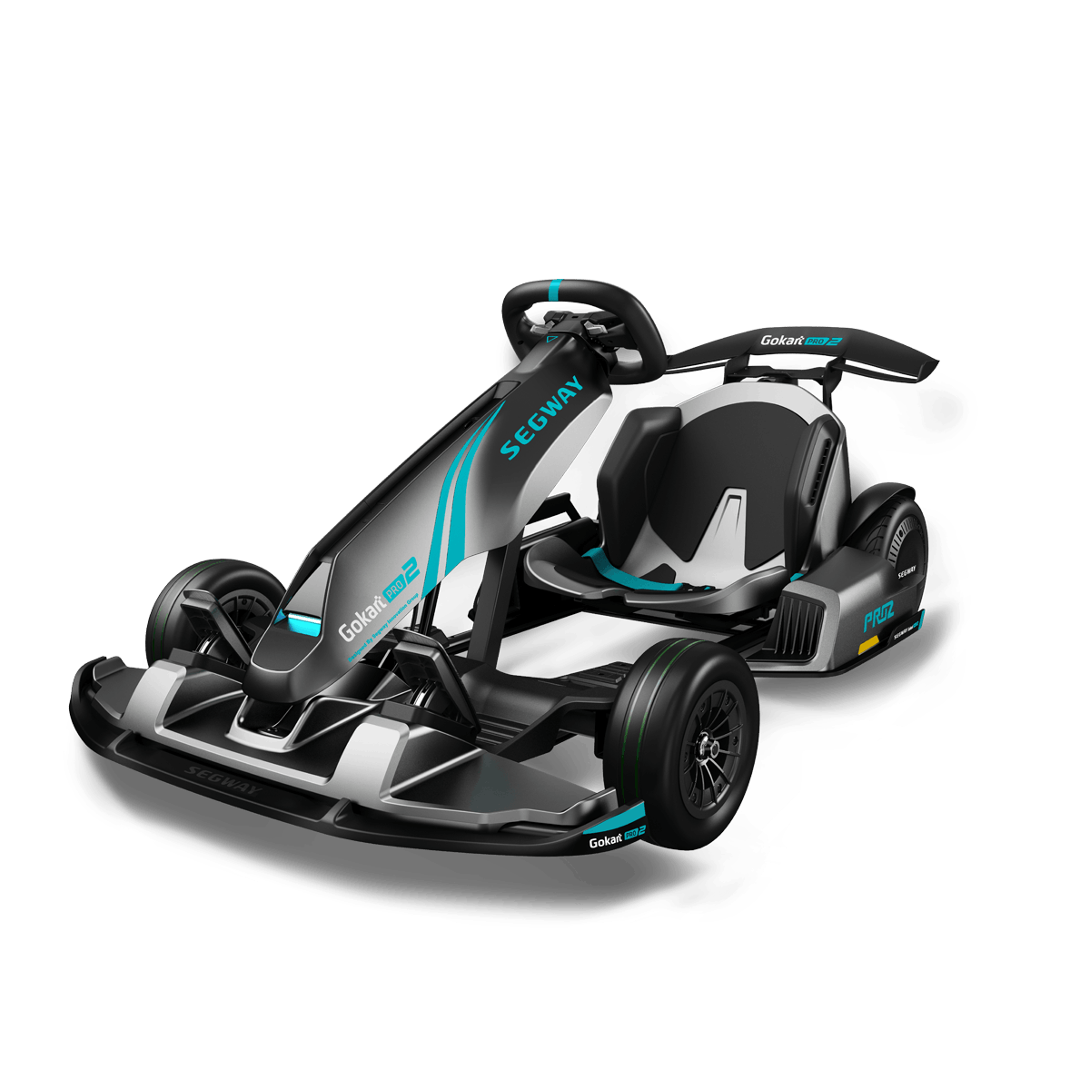 The Segway GoKart Pro 2 by Segway features a sleek black and gray design with teal accents, a low-profile seat, sturdy frame, and an Electric Beast–inspired style for an immersive driving experience.