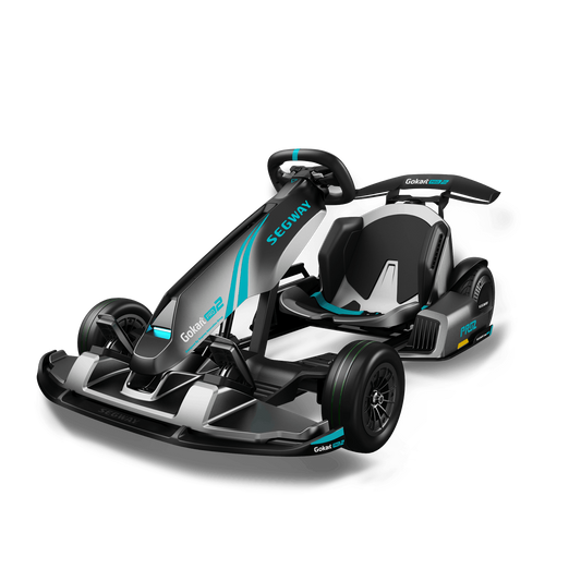 The Segway GoKart Pro 2 by Segway features a sleek black and gray design with teal accents, a low-profile seat, sturdy frame, and an Electric Beast–inspired style for an immersive driving experience.