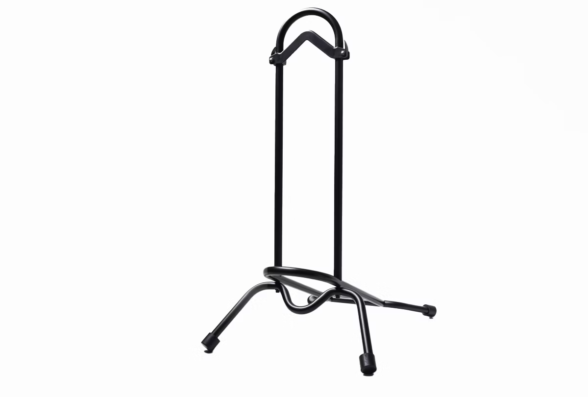 The Aventon Floor Rack is a sleek black metal stand with a curved neck support and sturdy aluminum legs, ideal for daily use.