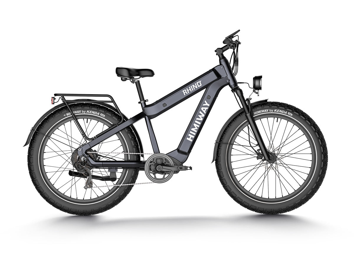 A black off-road electric mountain bicycle with thick tires, labeled "Himiway Rhino D5 Plus," stands against a white background.