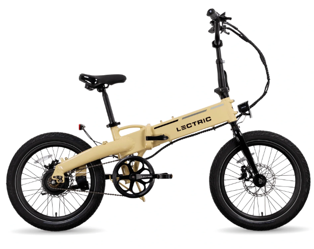 The Lectric XP Lite 2.0 is a beige foldable eBike featuring sleek black handlebars and wheels, boldly showcasing the "Lectric" brand on its side. This model offers convenience with style and functionality.