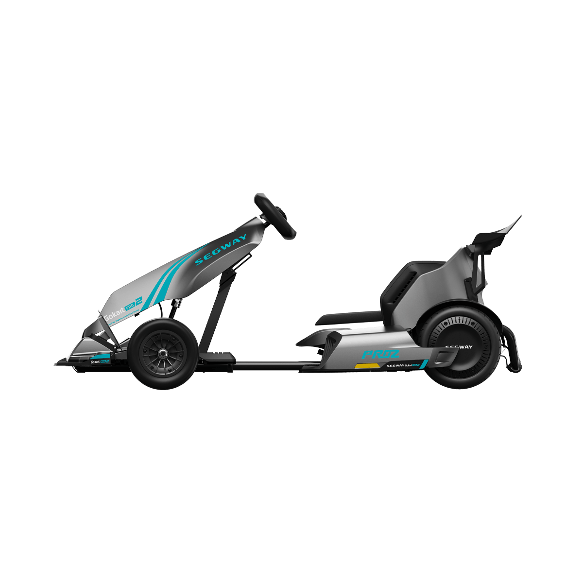 The Segway - GoKart Pro 2 by Segway features a grey and black sporty design with a low seat and steering wheel, delivering an immersive gaming experience against a plain white background.