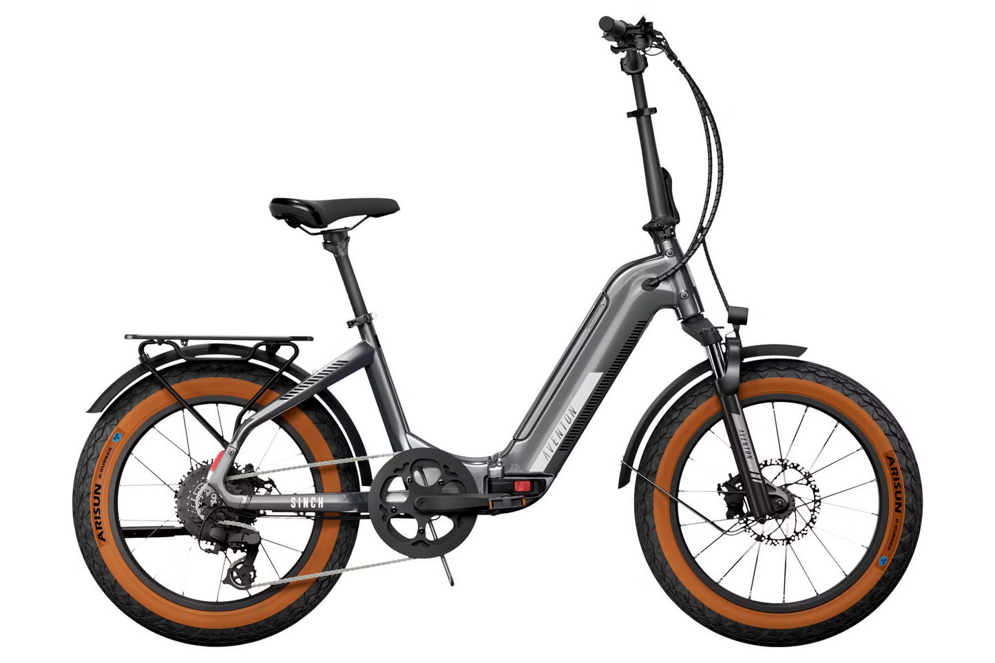 The Aventon - Sinch.2 - Quicksilver electric bike is shown against a white background.