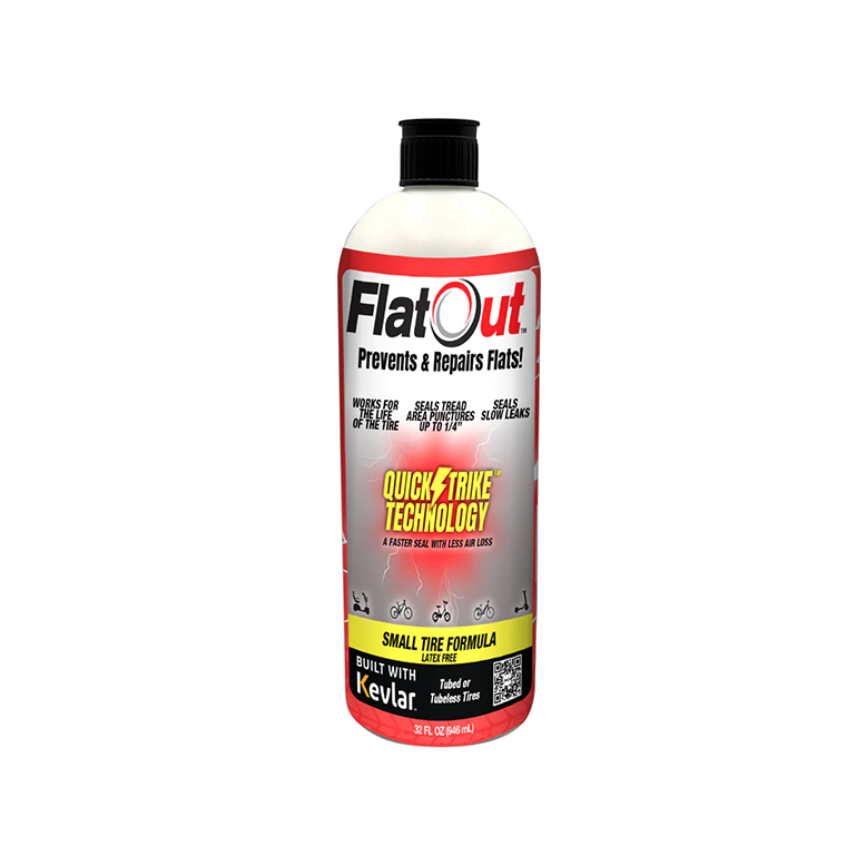 A bottle of Multi Seal's FlatOut - QuickStrike Small Tire Sealant for small tires, featuring Kevlar fibers for tubeless applications, is showcased on a white background.