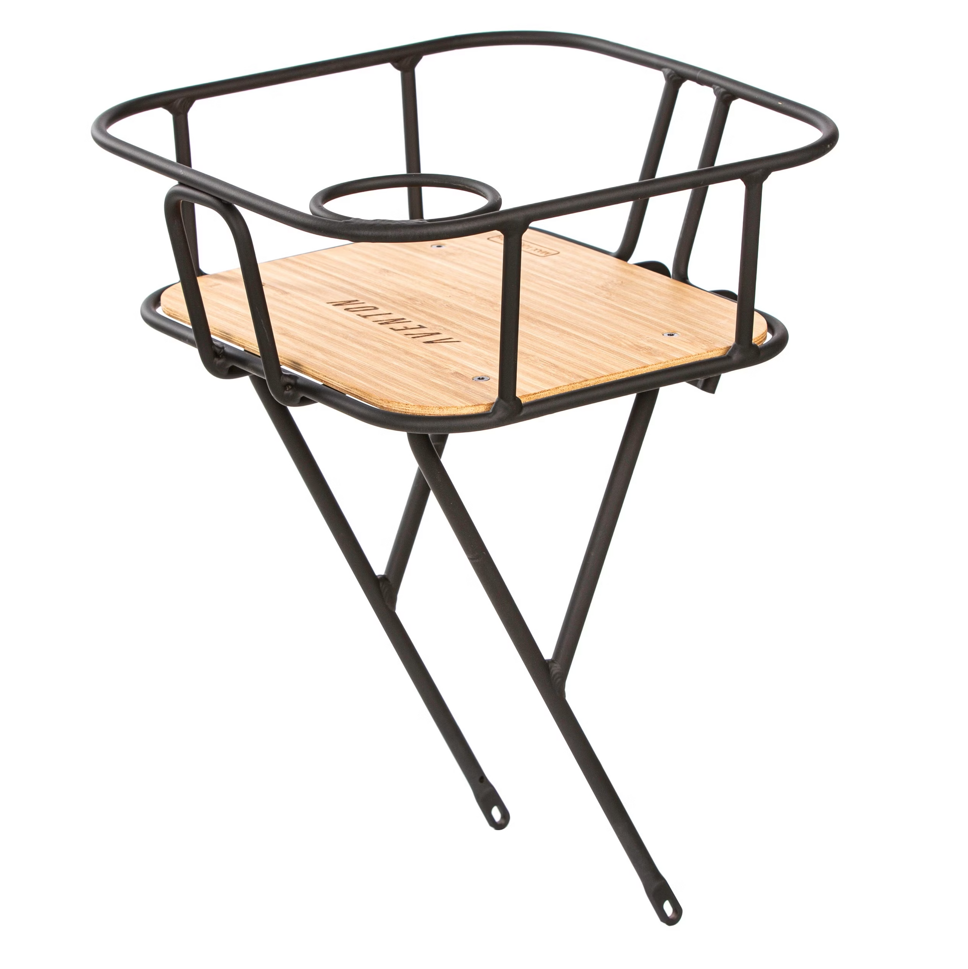 An Aventon black bike rack with a wooden shelf.