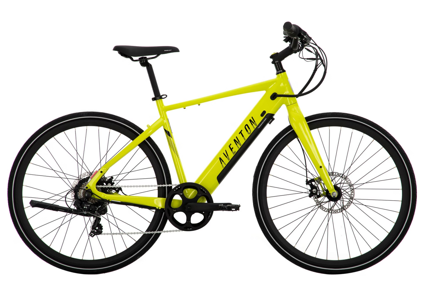 A yellow Aventon Soltera.2 electric bike with black tires and handlebars, featuring a sleek frame design, a standard gear system, and a torque sensor for smooth riding.