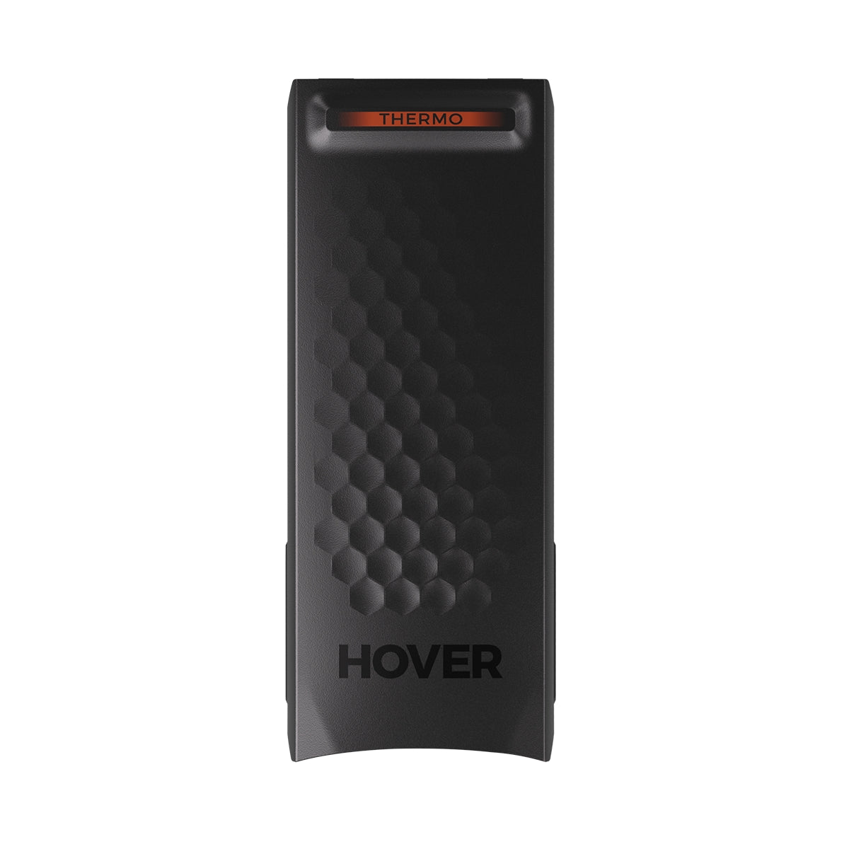 The black HOVERAir X1 PRO Smart Battery, designed for eBikes & scooters, features a honeycomb pattern and "HOVER" at the bottom. An orange "THERMO" label enhances its sleek design and ensures compatibility with your HoverAir Beacon.