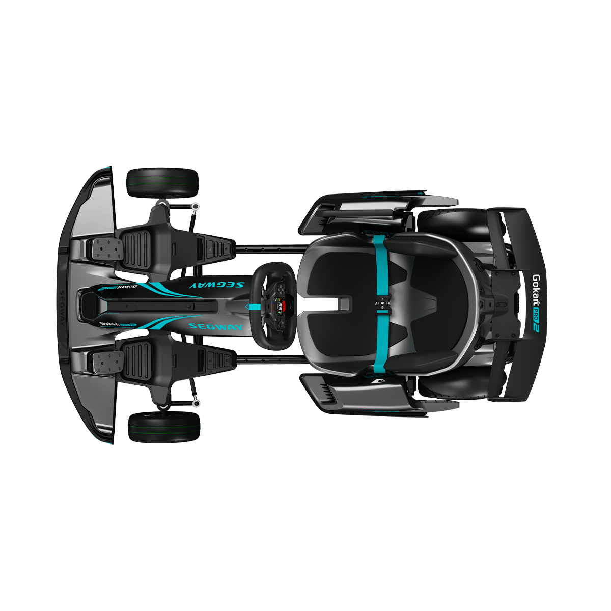 Top view of the Segway - GoKart Pro 2 by Segway, an electric go-kart in black and teal, with dual seats, a steering wheel, foot pedals, and wheels at each corner for a thrilling gaming experience.