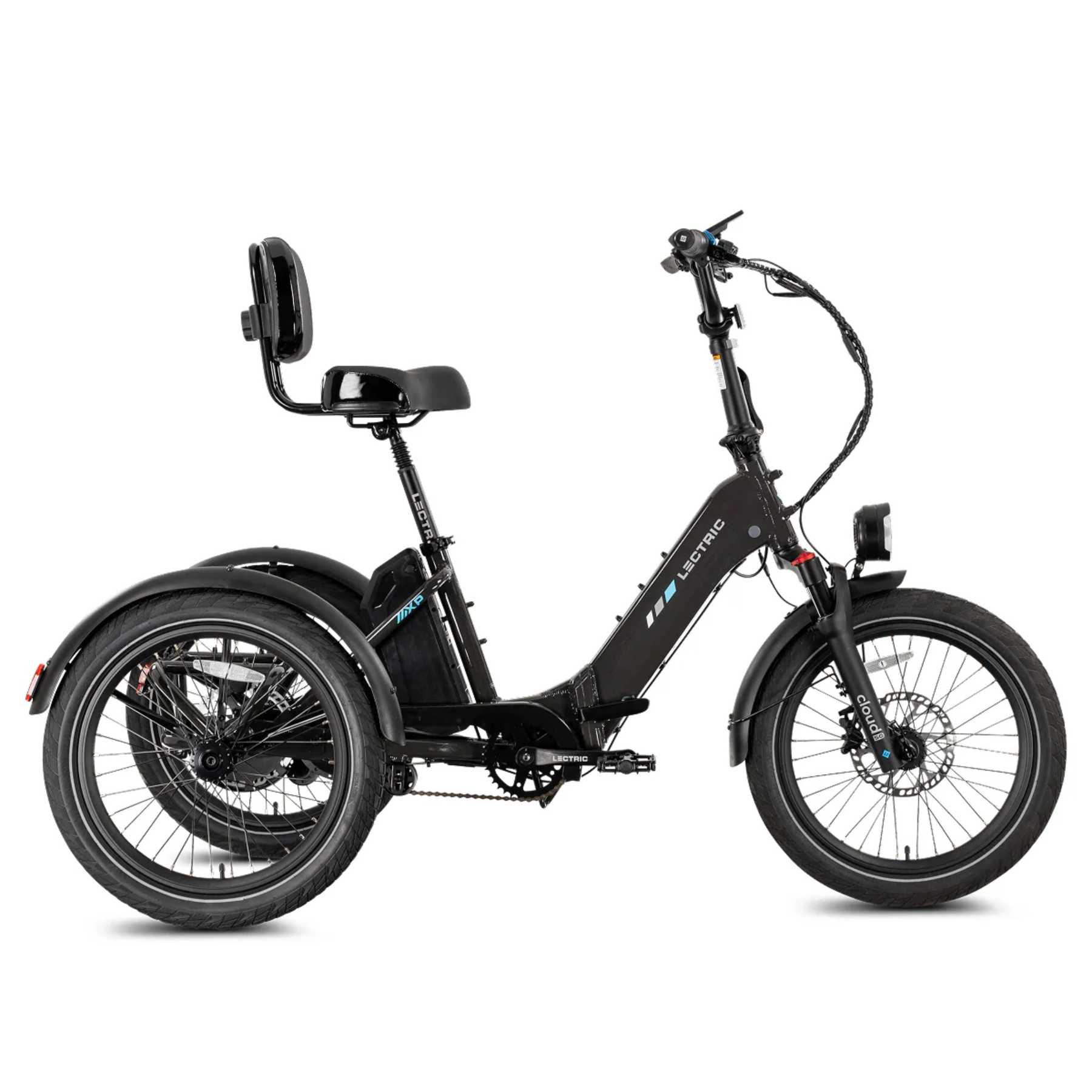 The Lectric XP Trike2 by Lectric is a black electric trike with long range, step-through frame, padded seat with backrest, fenders, and headlight, displayed on a white background.