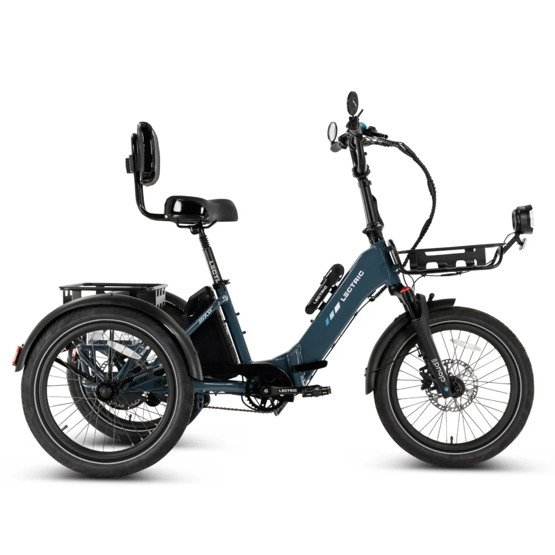 The Lectric XP Trike2 by Lectric is a blue long-range electric trike featuring a front basket, rear cargo rack, upright handlebars, and a padded seat with backrest, shown in side profile on a white background.