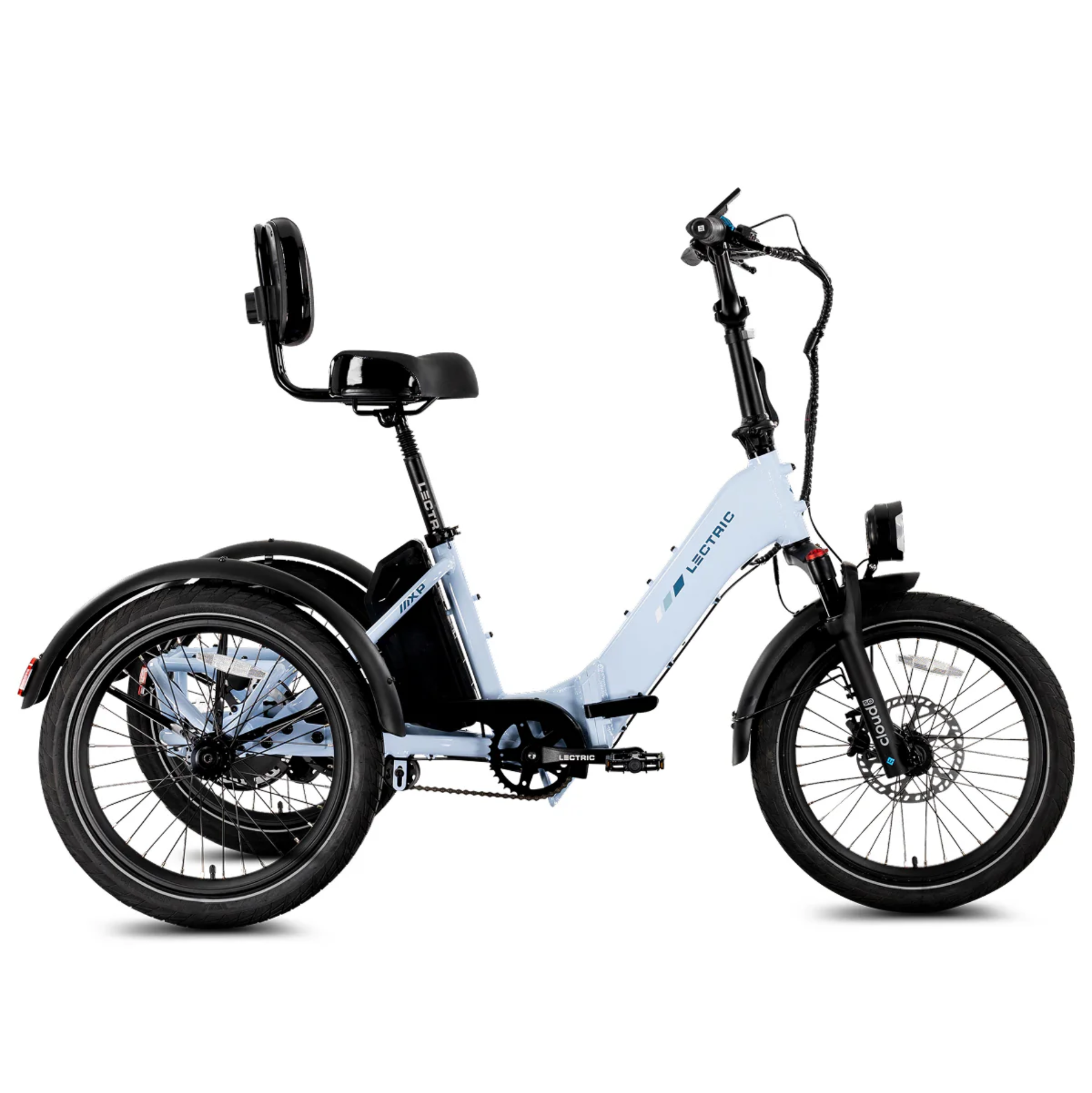 The Lectric XP Trike2 by Lectric is a light blue long-range electric trike featuring a black seat and backrest, wide rear wheels, front headlight, and handlebars, displayed in profile against a white background.