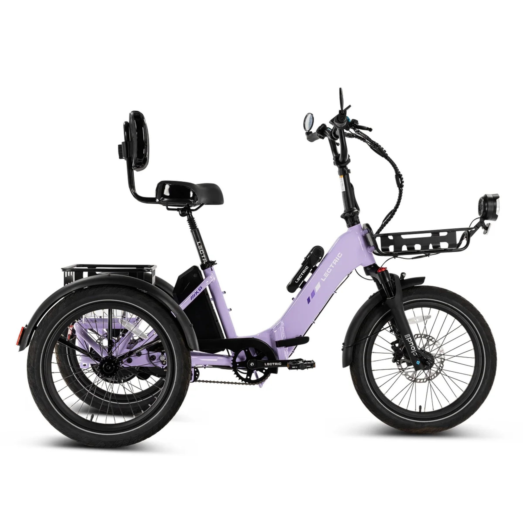 The Lectric XP Trike2 by Lectric is a lavender electric trike for adults, featuring long-range capability, a cushioned seat with backrest, front basket, and rear cargo rack.