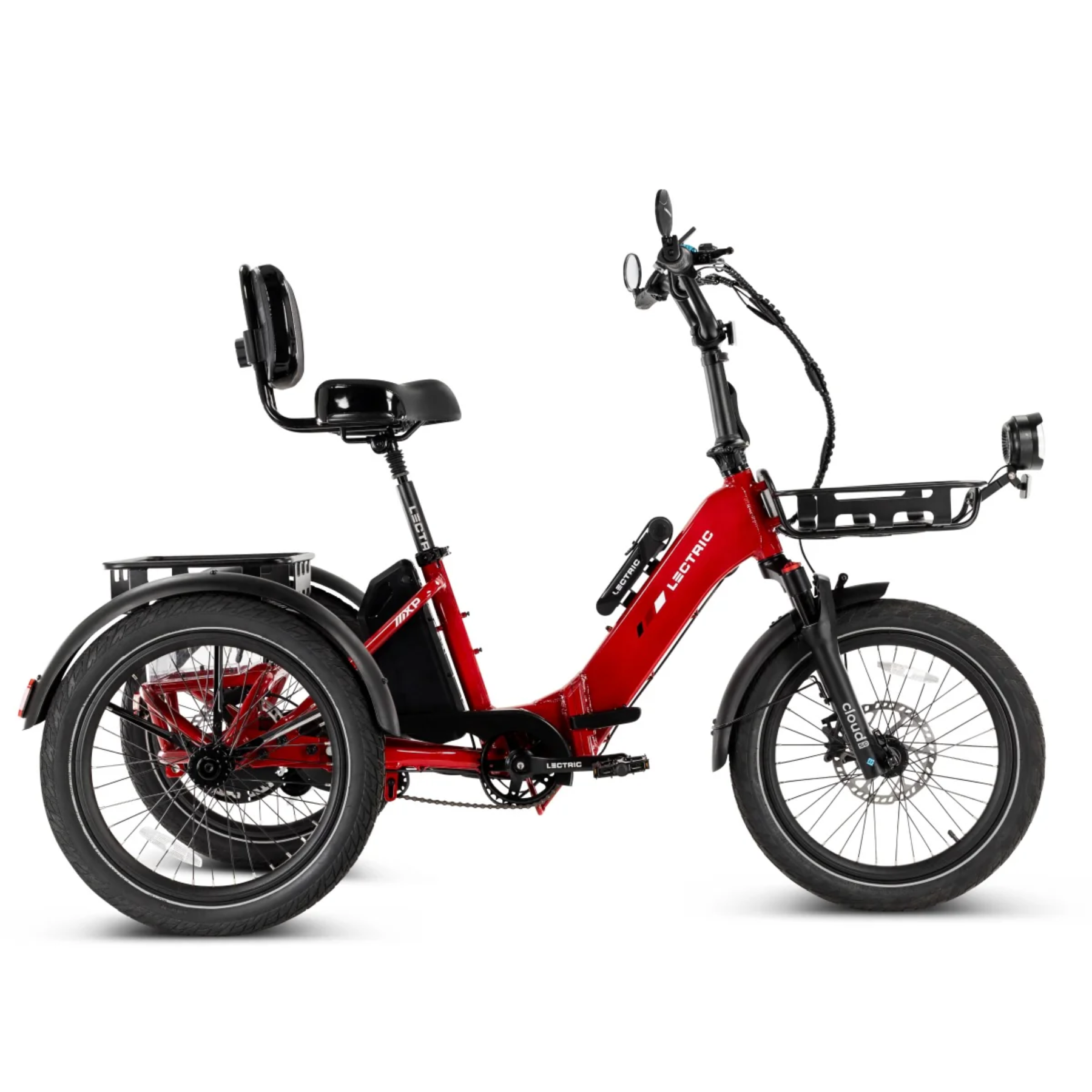 The Lectric - XP Trike2 by Lectric is a red long-range electric trike with a padded seat, backrest, rear cargo rack, front basket, and fat tires, shown in side profile on a white background.