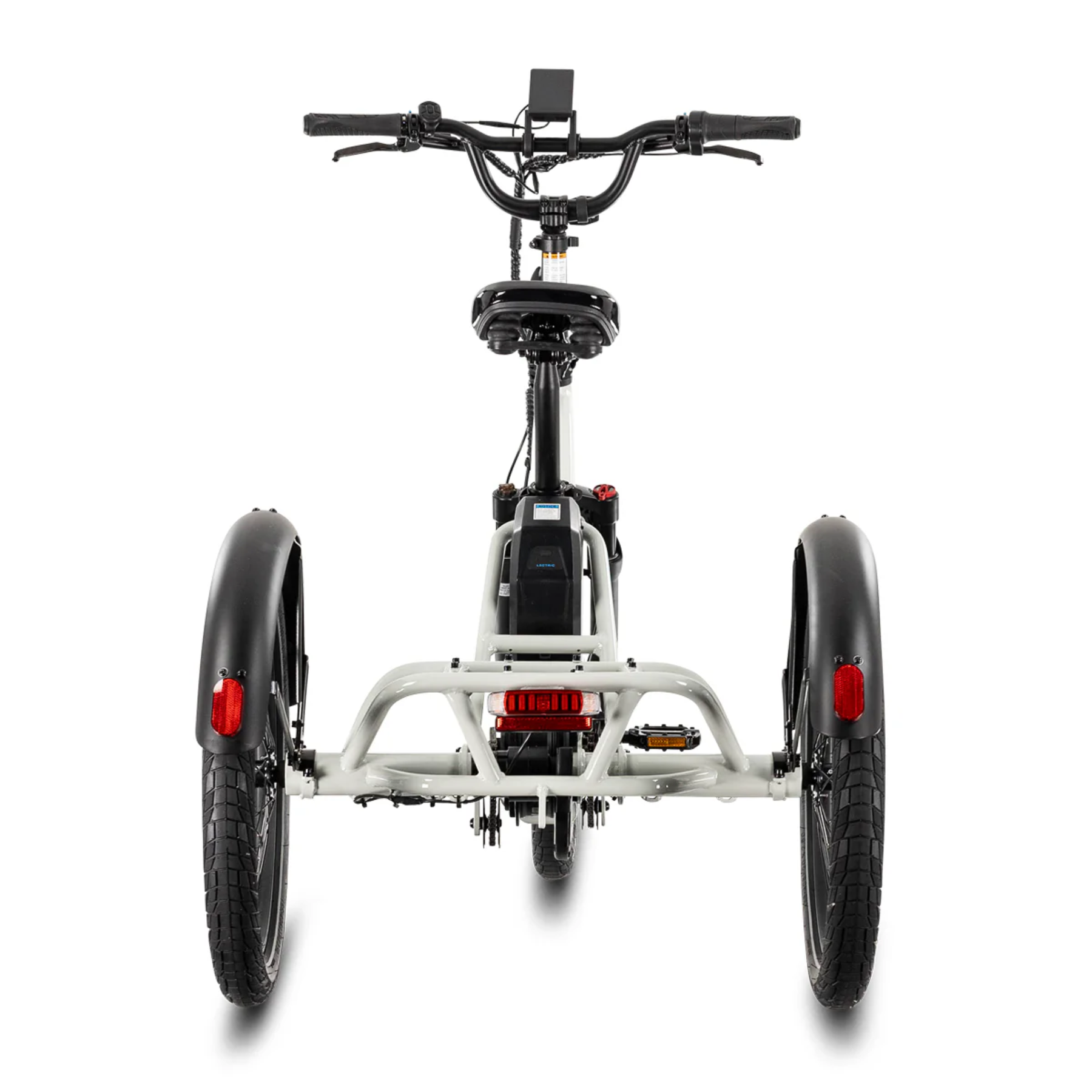 Rear view of the Lectric - XP Trike2 by Lectric, a long-range electric trike featuring wide tires, black fenders, a central seat with handlebar, and a battery mounted beneath the seat.